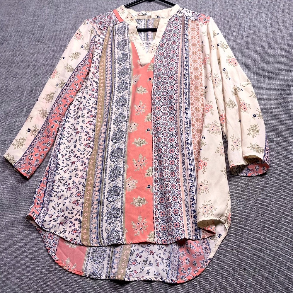 Liberty Love Blouse Top Womens Medium Multi Floral Mandarin Collar High Low Hem